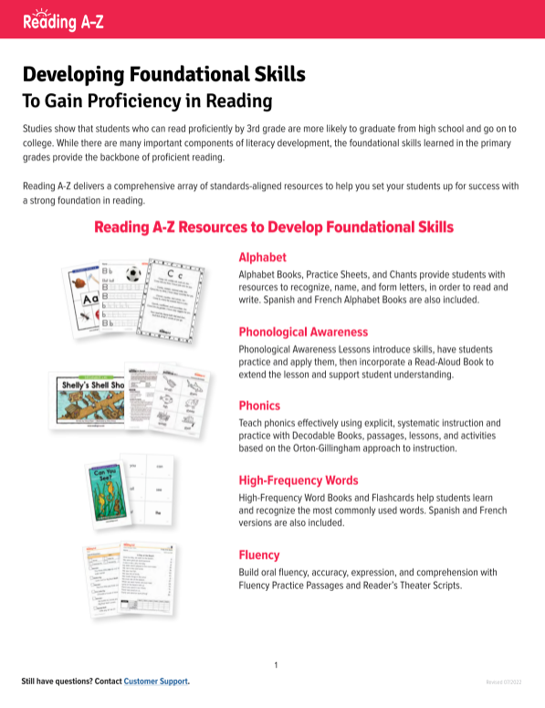Reading A-Z Foundational Skills One Sheet | Learning A-Z